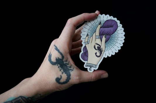 Crow & Crescent Yarn Scorpion Hand Tattoo Vinyl Sticker - 4"x2.89"