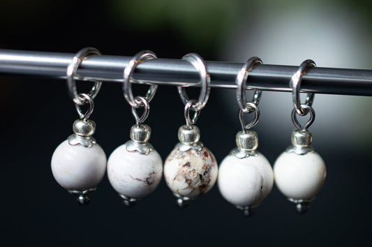 Set of 5 Howlite Natural Stone Stitch Markers | Hand Made | Stitch Markers, Progress Keepers, Knitting and Crochet Notions