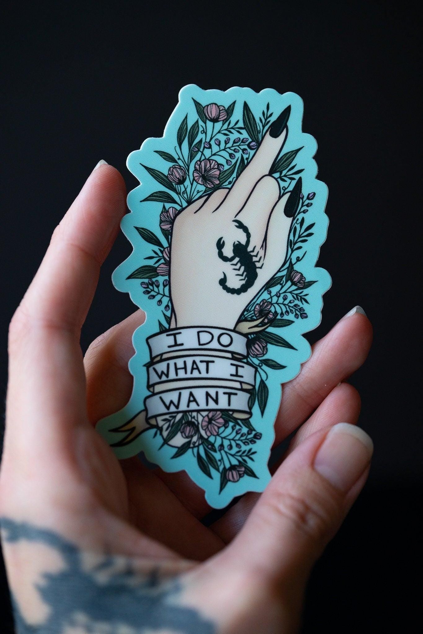 Middle finger “I Do What I Want" Scorpion Hand Tattoo Sticker - 4"x2.59"